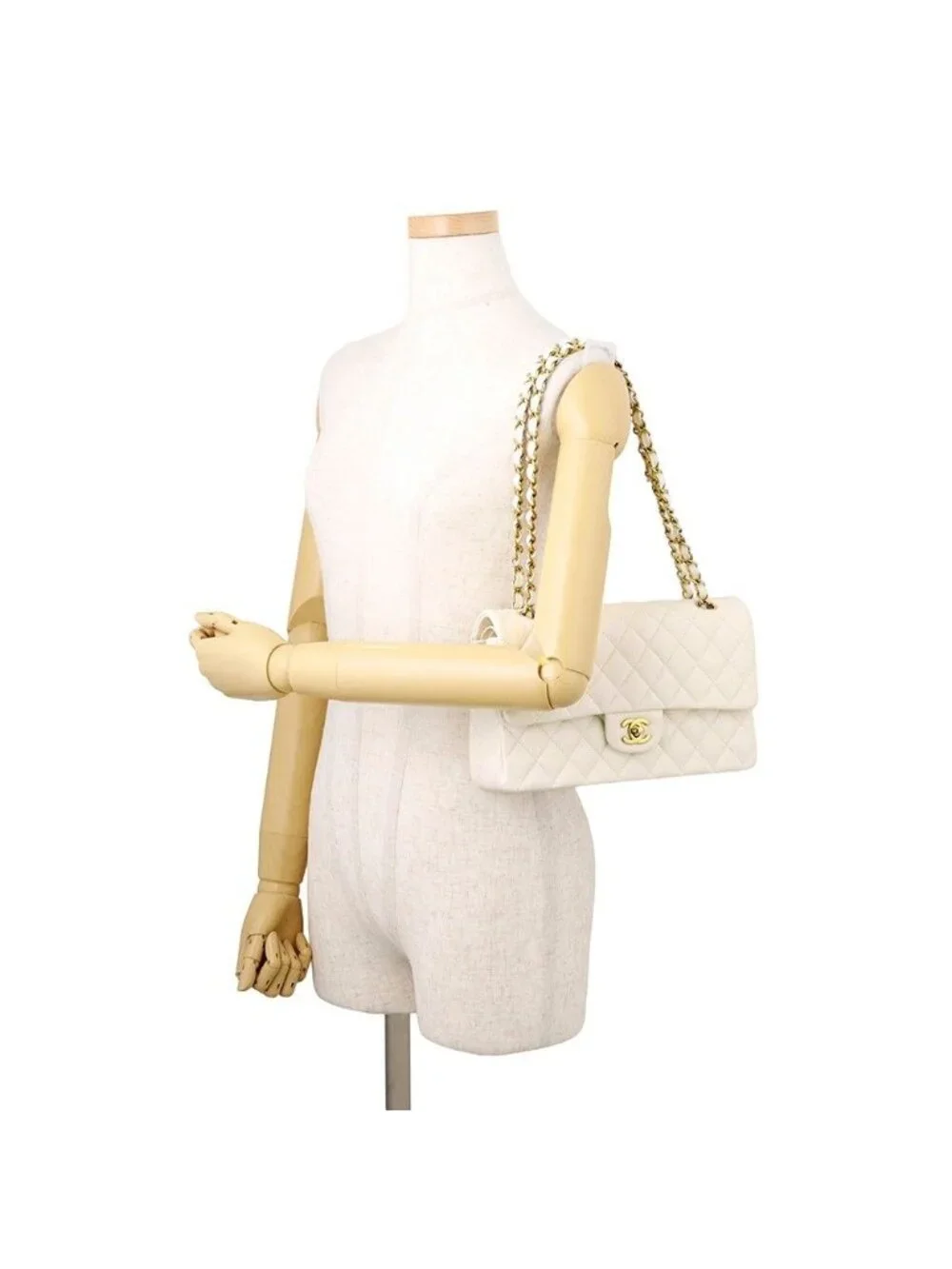 Chanel Chain Shoulder Bag Quilted 25 CC Logo Caviar Leather Double White